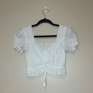 Romwe White Eyelet Ruffle Puff Sleeve Lace Tie Crop Top- Size small